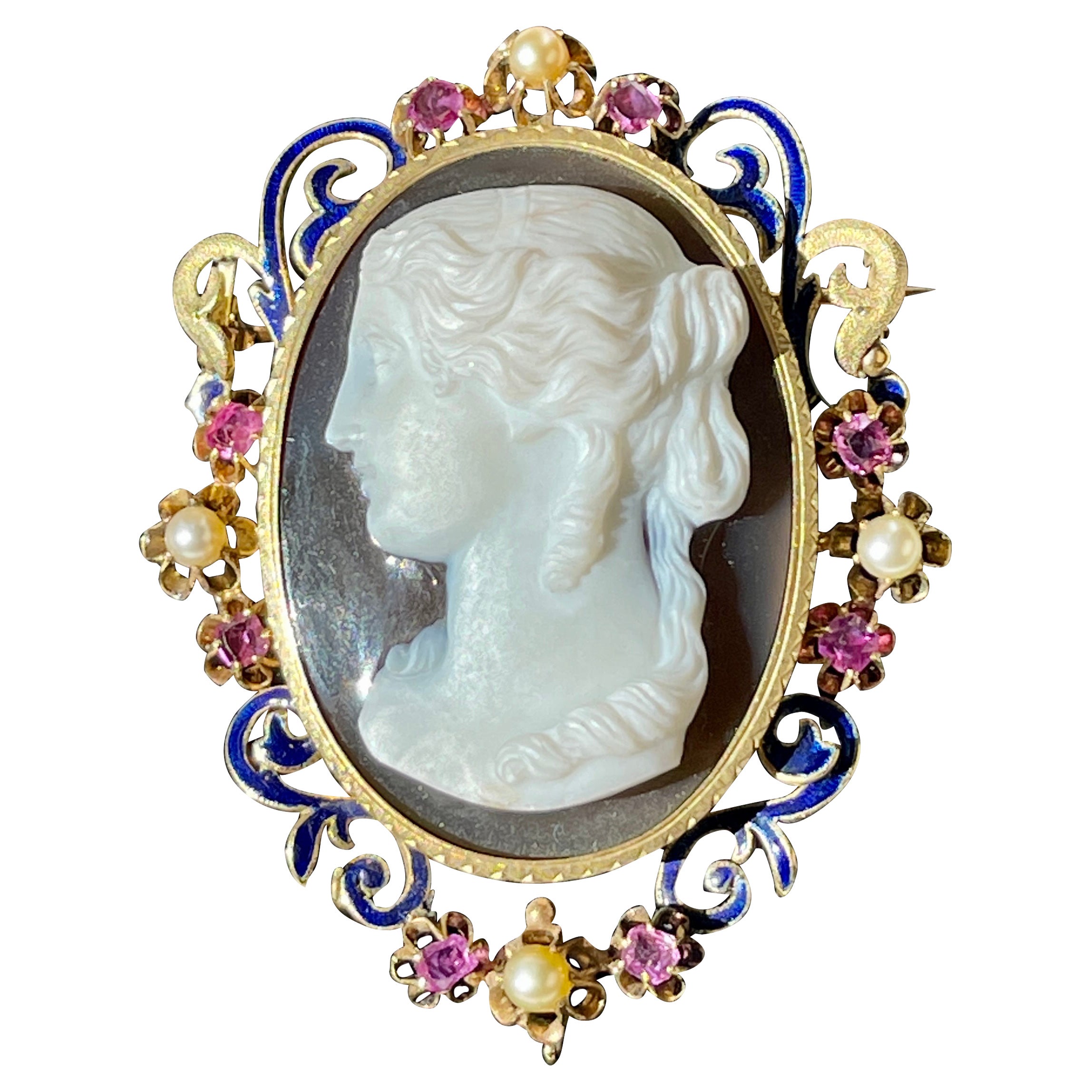 Art Nouveau Cameo Rubies Pearls Yellow Gold 1800s French Brooch For Sale