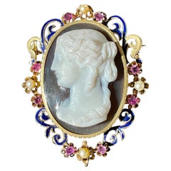 Art Nouveau Cameo Rubies Pearls Yellow Gold 1800s French Brooch