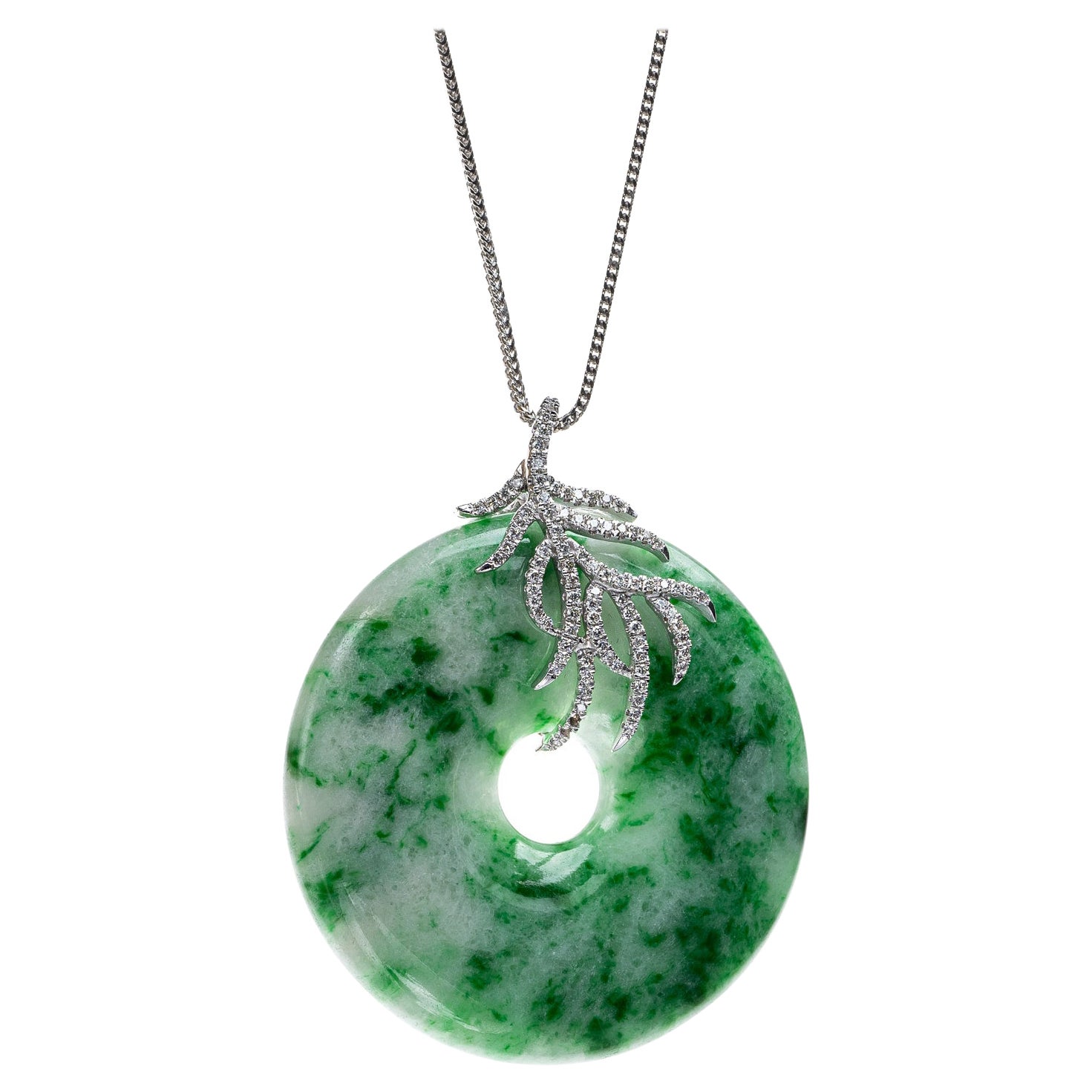Green Jadeite Jade Pi Disc and Diamond Pendant, Certified Untreated For Sale