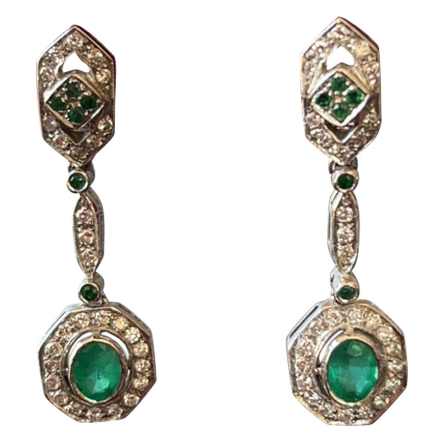  Art Deco Emeralds and Diamonds White Gold Cocktail Earrings For Sale