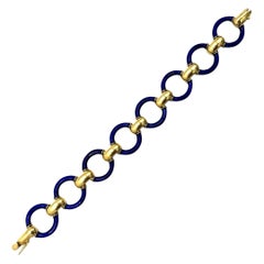 Vintage 1970s Blue Enamel Yellow Gold Link Bracelet