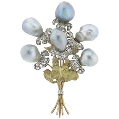 Buccellati Gold Rose Cut Diamond Pearl Bouquet Brooch Pin