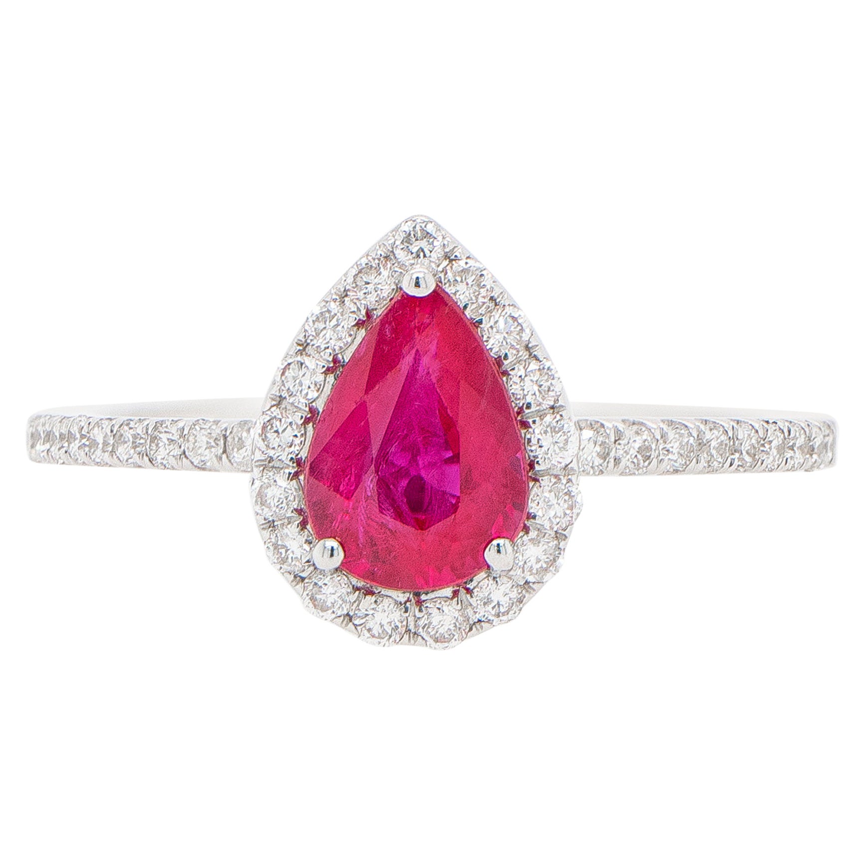 Pear Cut Ruby Ring with Diamond Halo 18K White Gold