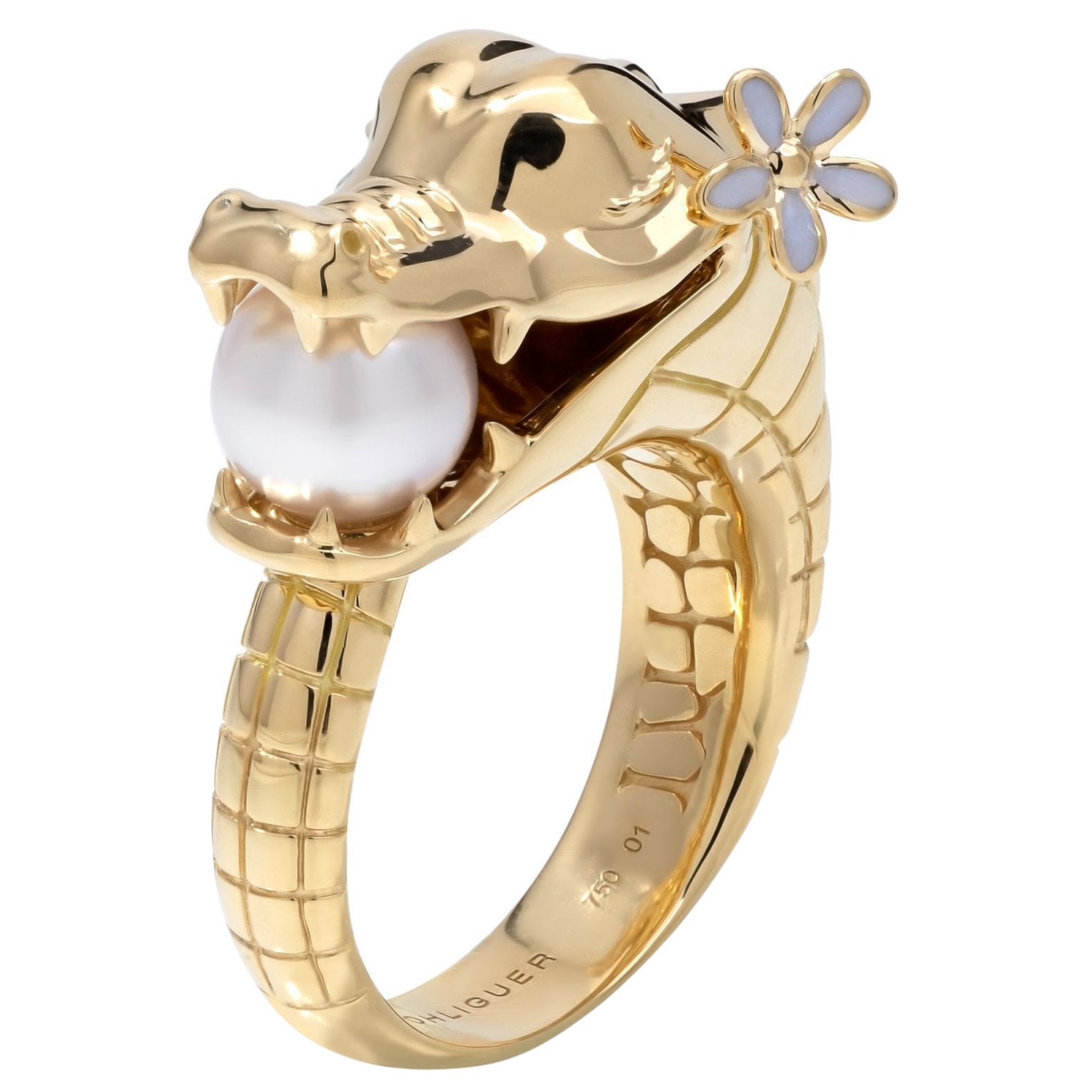 For Sale:  Croc Ring with Australian Akoya Pearl in 18ct Yellow Gold with yellow diamonds 6