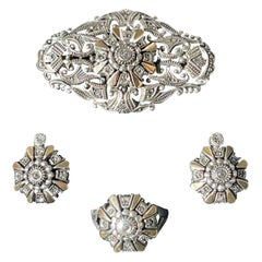 Vintage Portuguese Art Deco Silver, Gold and Diamond set 'Brooch, Earrings and Ring'