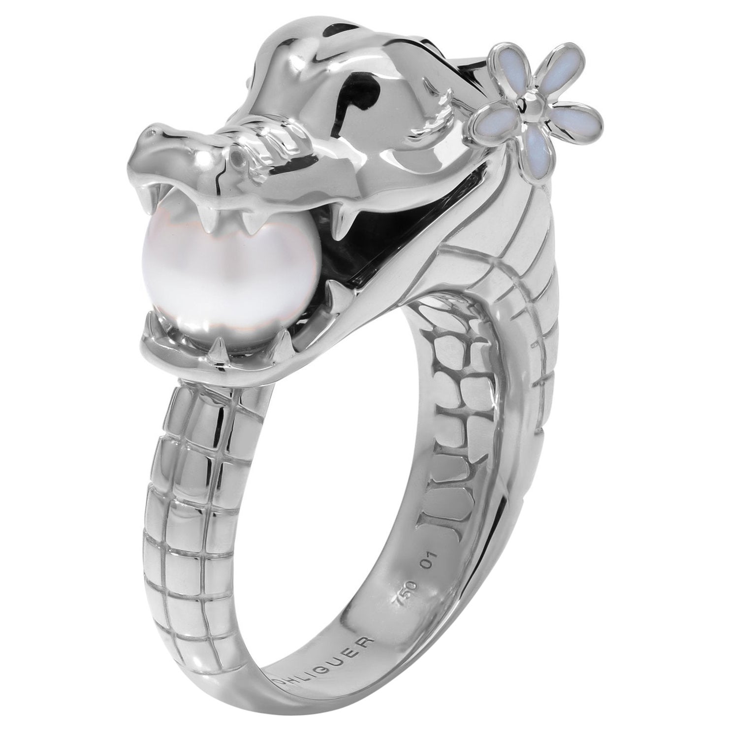 For Sale:  Crocodile Ring with Australian Akoya Pearl in 18ct White Gold 2