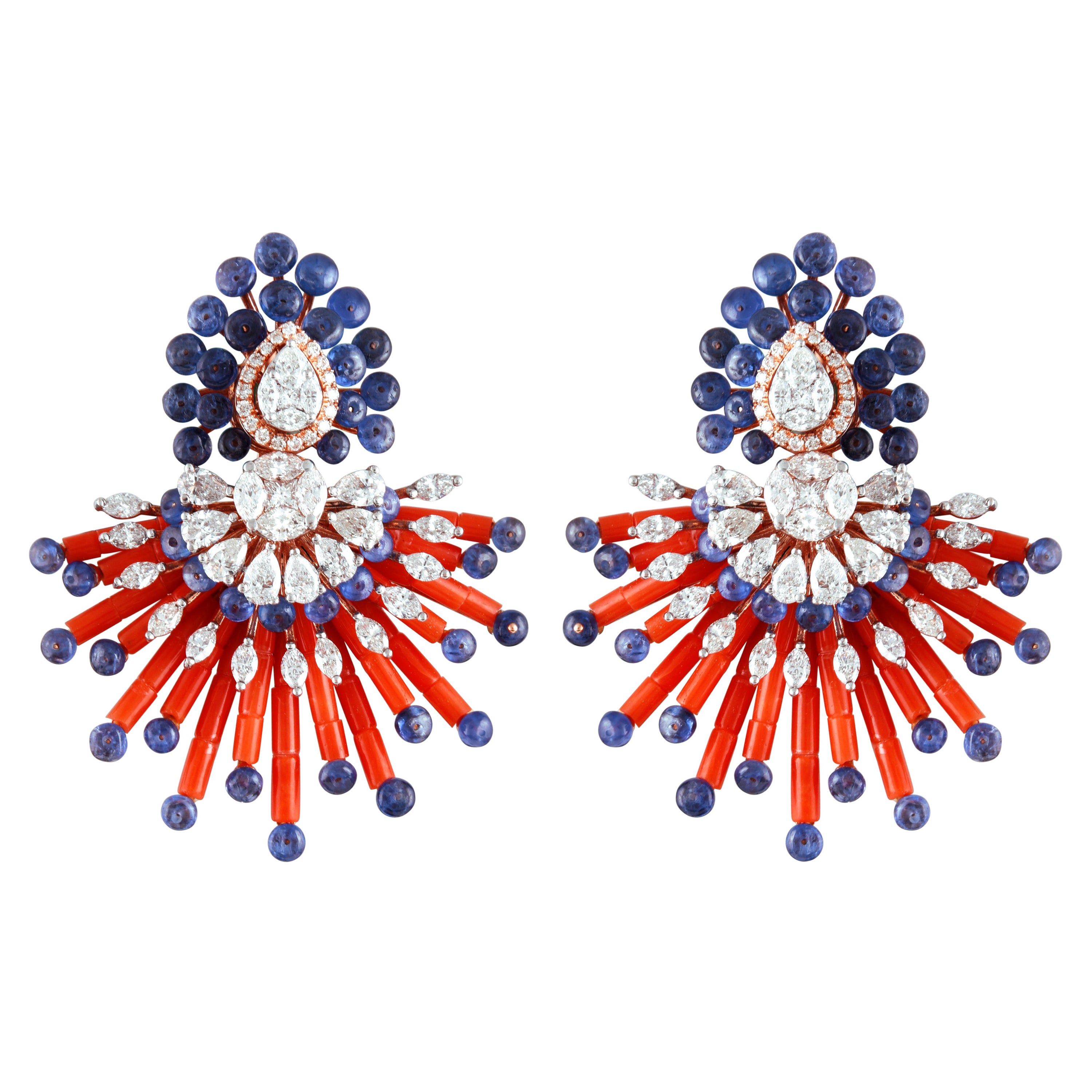 14 Karat Tanzanite Coral White Diamond Stud Earrings For Sale
