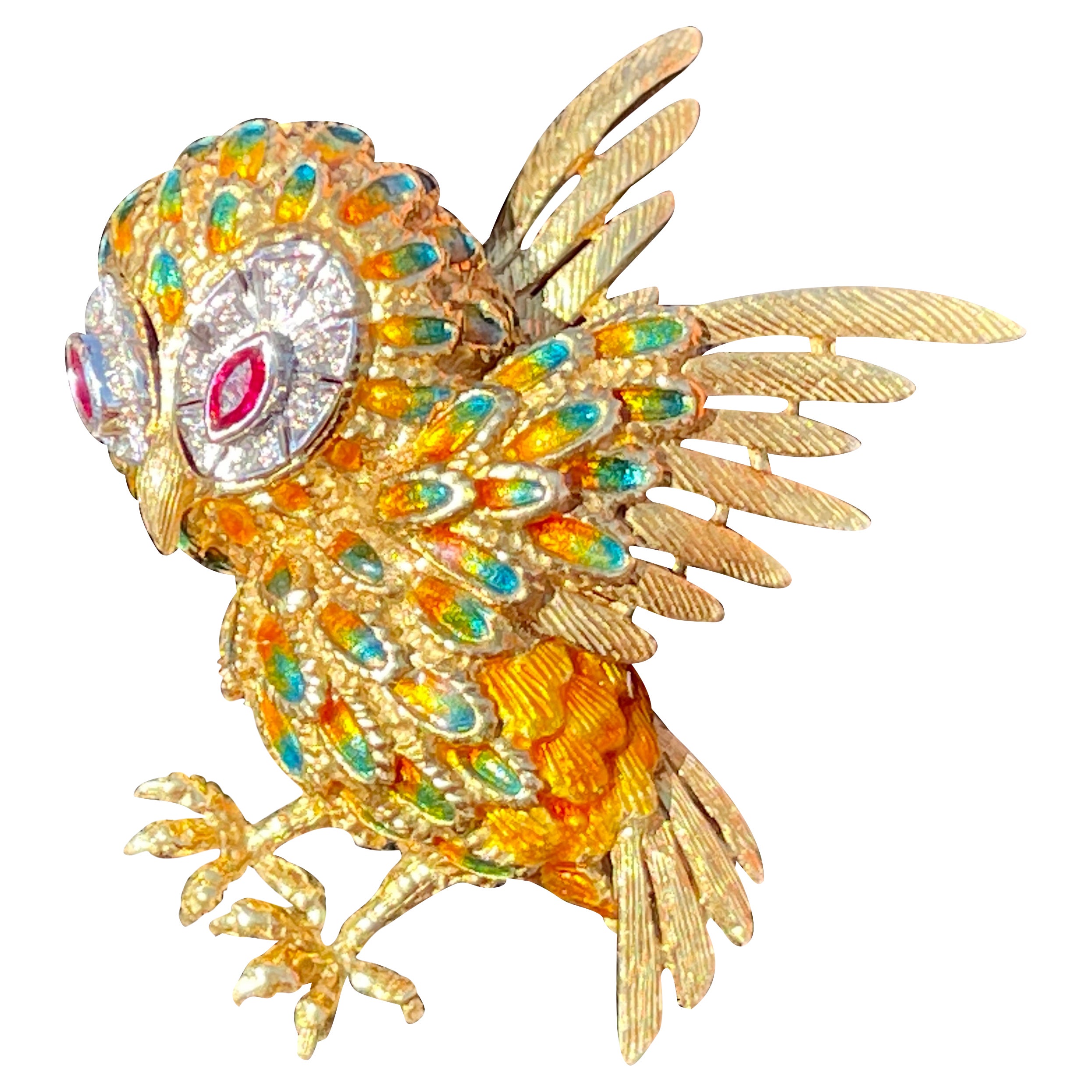 Animal Owl Yellow Gold Diamonds and Rubies Brooch For Sale