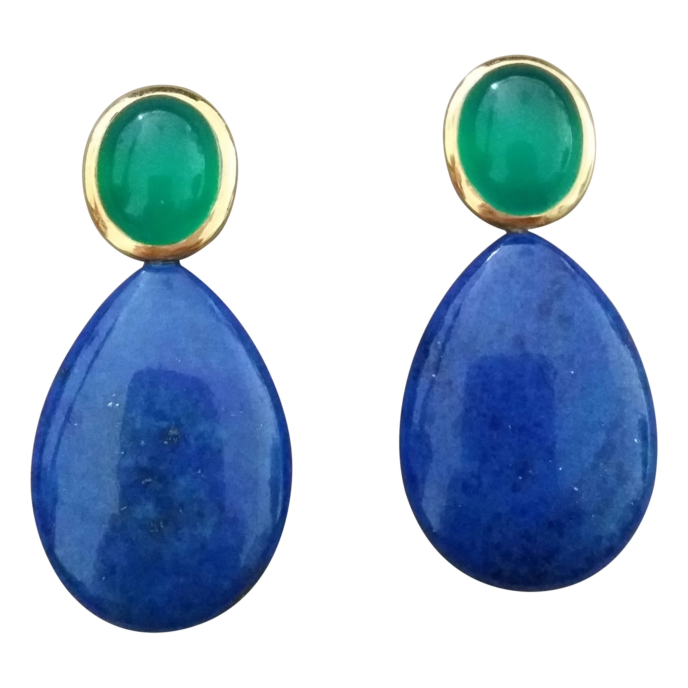 Green Onyx Oval Cabs Yellow Gold Natural Lapis Lazuli Flat Plain Drop Earrings For Sale