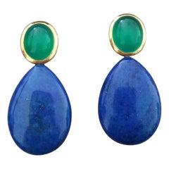 Green Onyx Oval Cabs Yellow Gold Natural Lapis Lazuli Flat Plain Drop Earrings