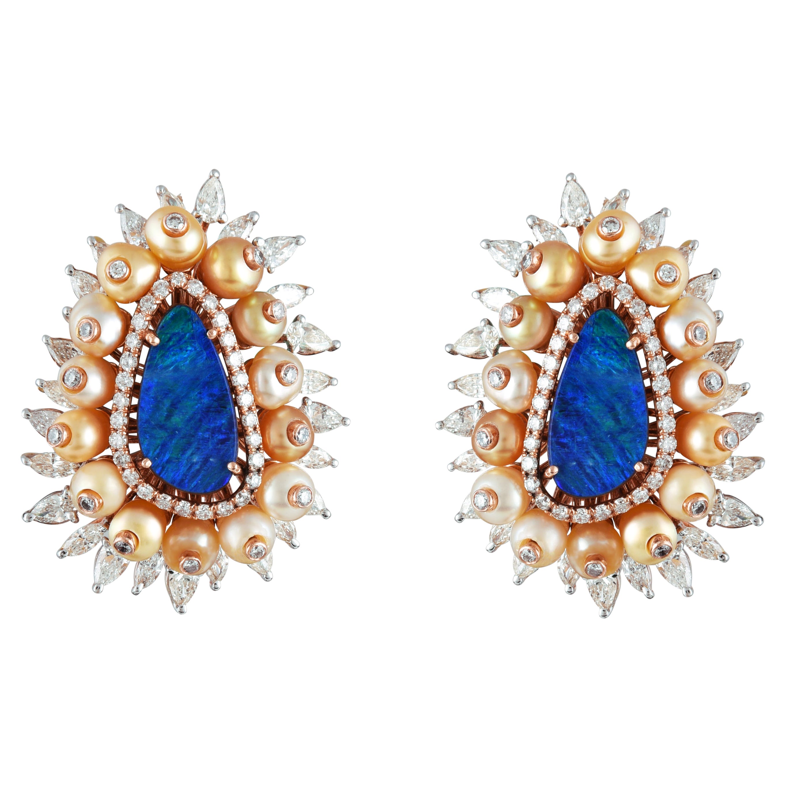 Clous d'oreilles en or 14 carats avec opale synthétique et perle blanche et diamants