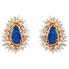 14 Karat Synthetic Opal Pearl White Diamond Stud Earrings