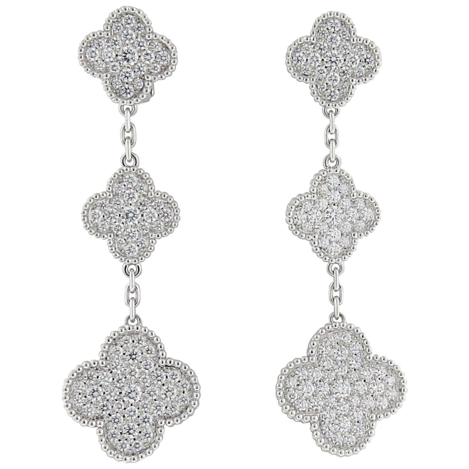 Van Cleef & Arpels Magic Alhambra Diamond Gold Three Motif Earrings
