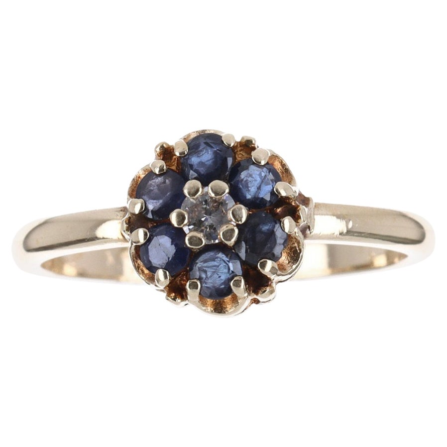 Petite bague florale en saphir naturel 14 carats et diamants 0,32 cw en vente