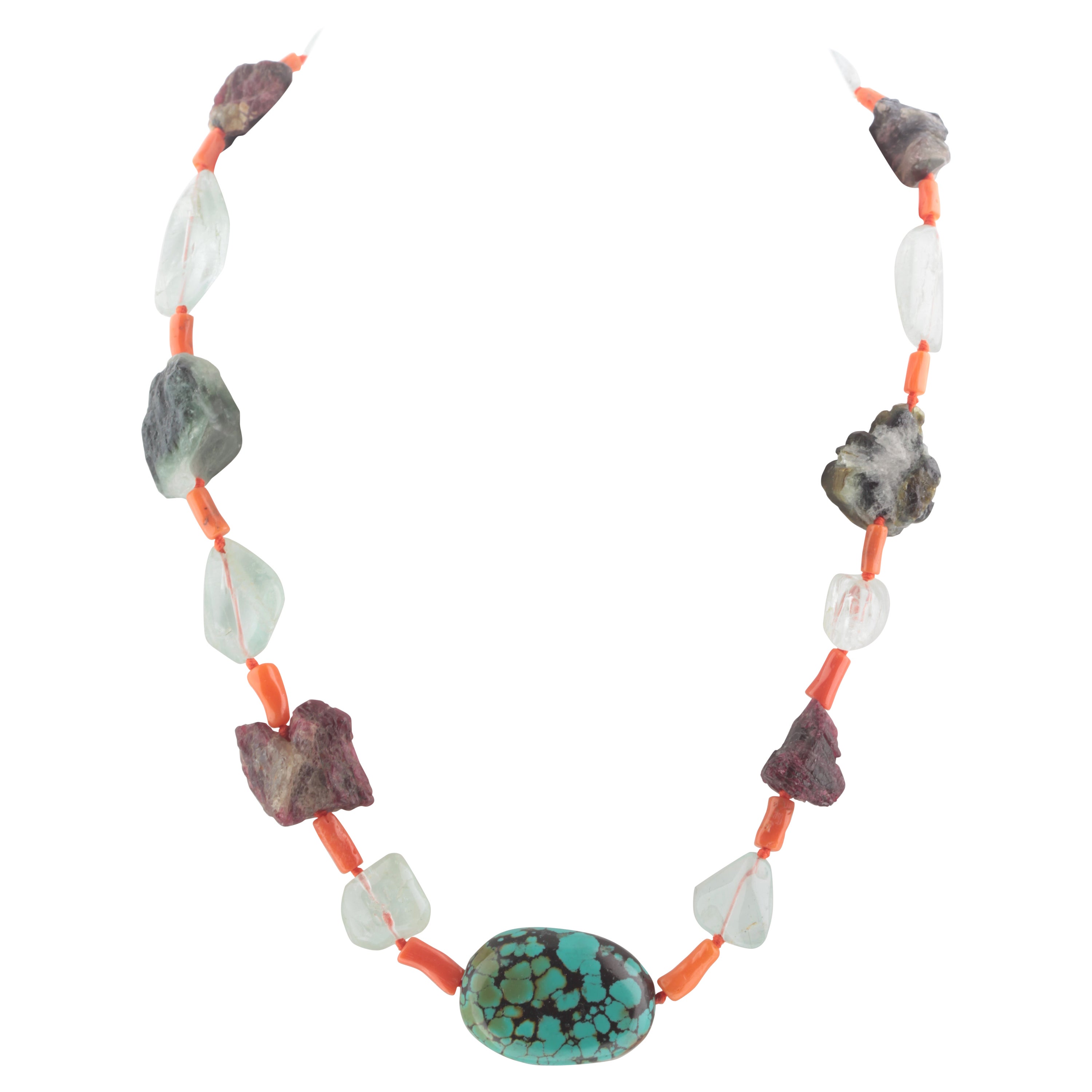 Turquoise Tourmaline Coral Aquamarine Silver Assymetric Chocker Beaded Necklace For Sale