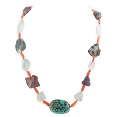 Turquoise Tourmaline Coral Aquamarine Silver Assymetric Chocker Beaded Necklace