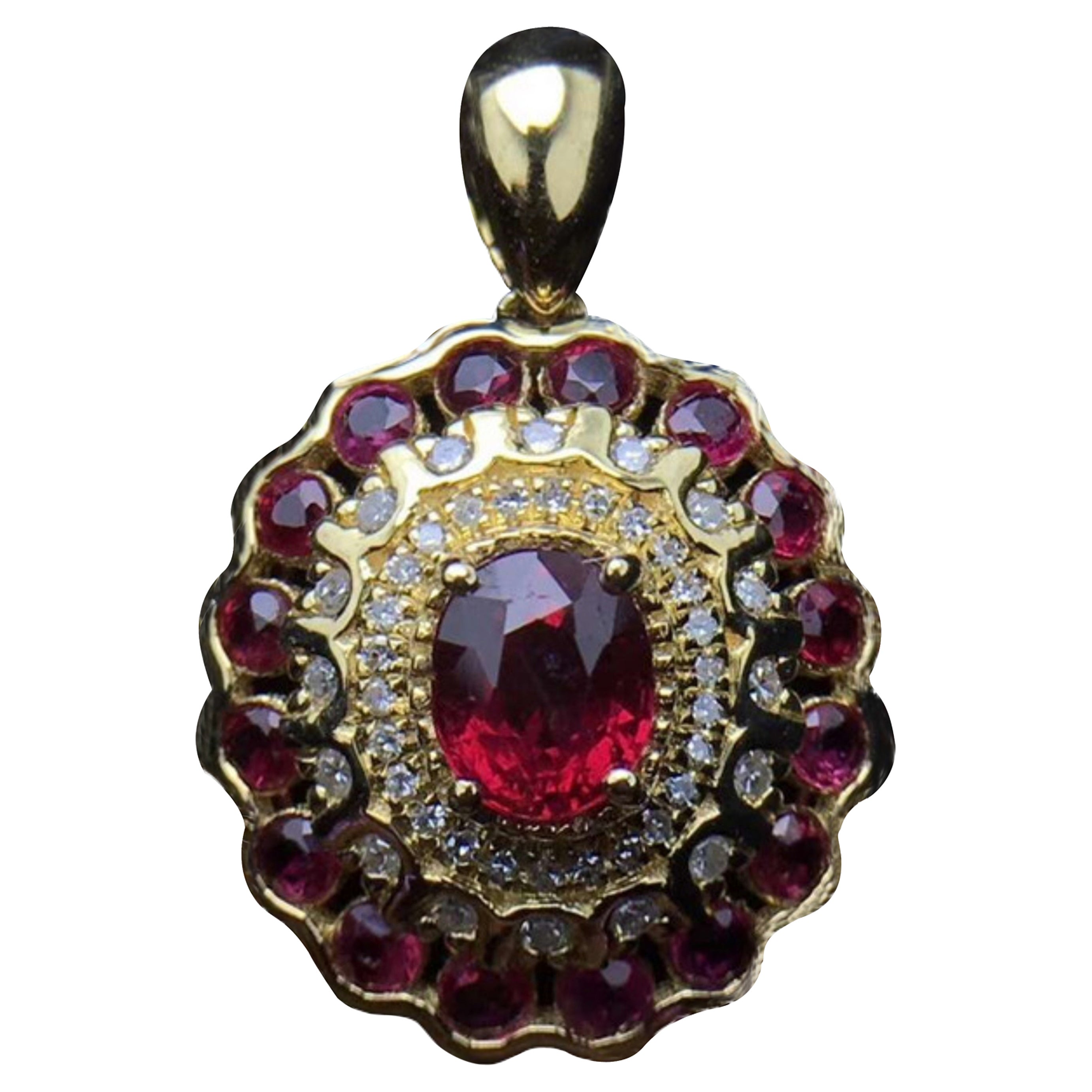 Vintage Style Ruby Diamond Pendant and Chain 18 Karat Yellow Gold  For Sale