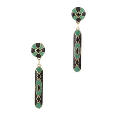 Antique Art Deco Black Green Enamel Drop Earrings 14k Yellow Gold Estate Jewelry
