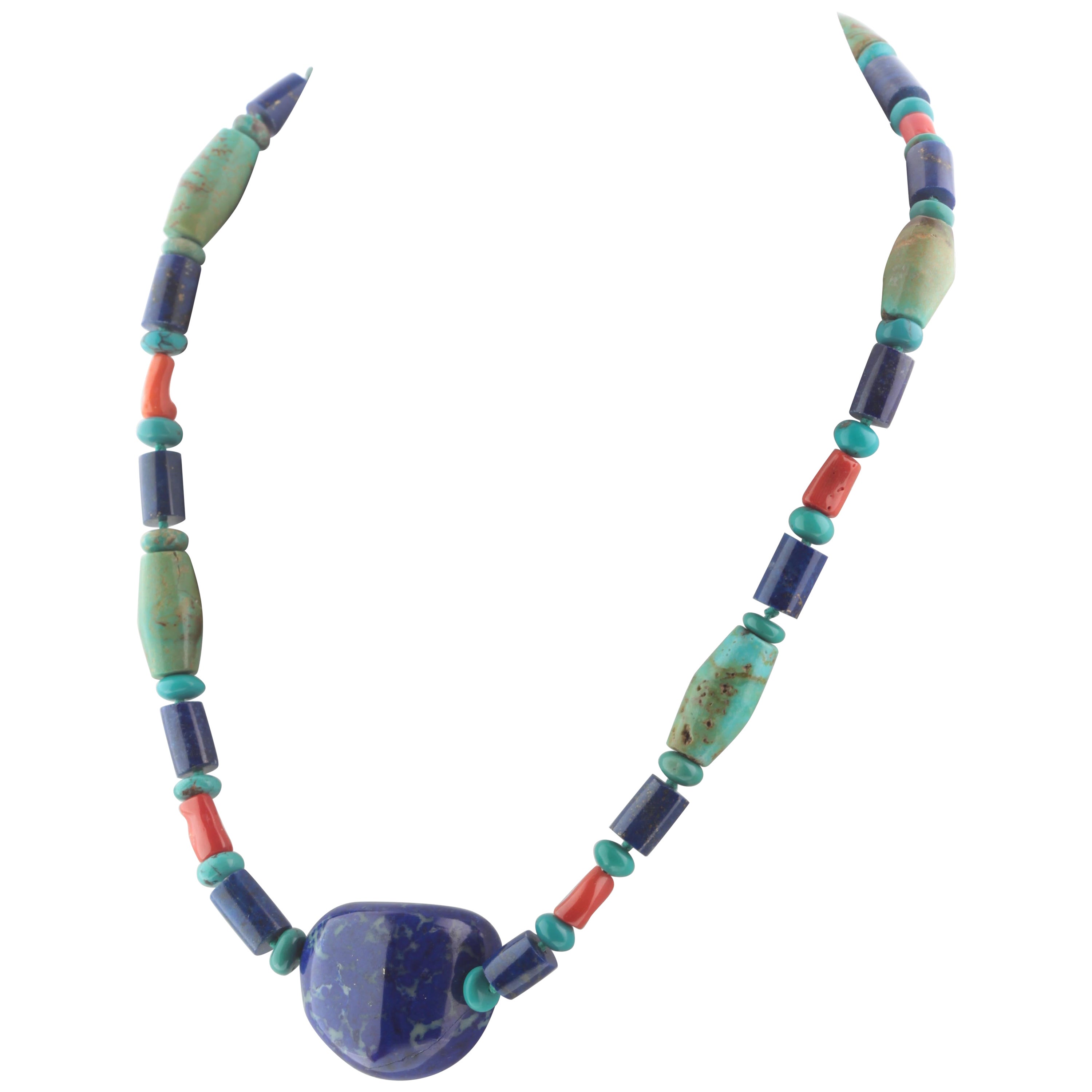 Lapis Lazuli Turquoise Coral Handmade Silver Tribal Warrior Bold Necklace