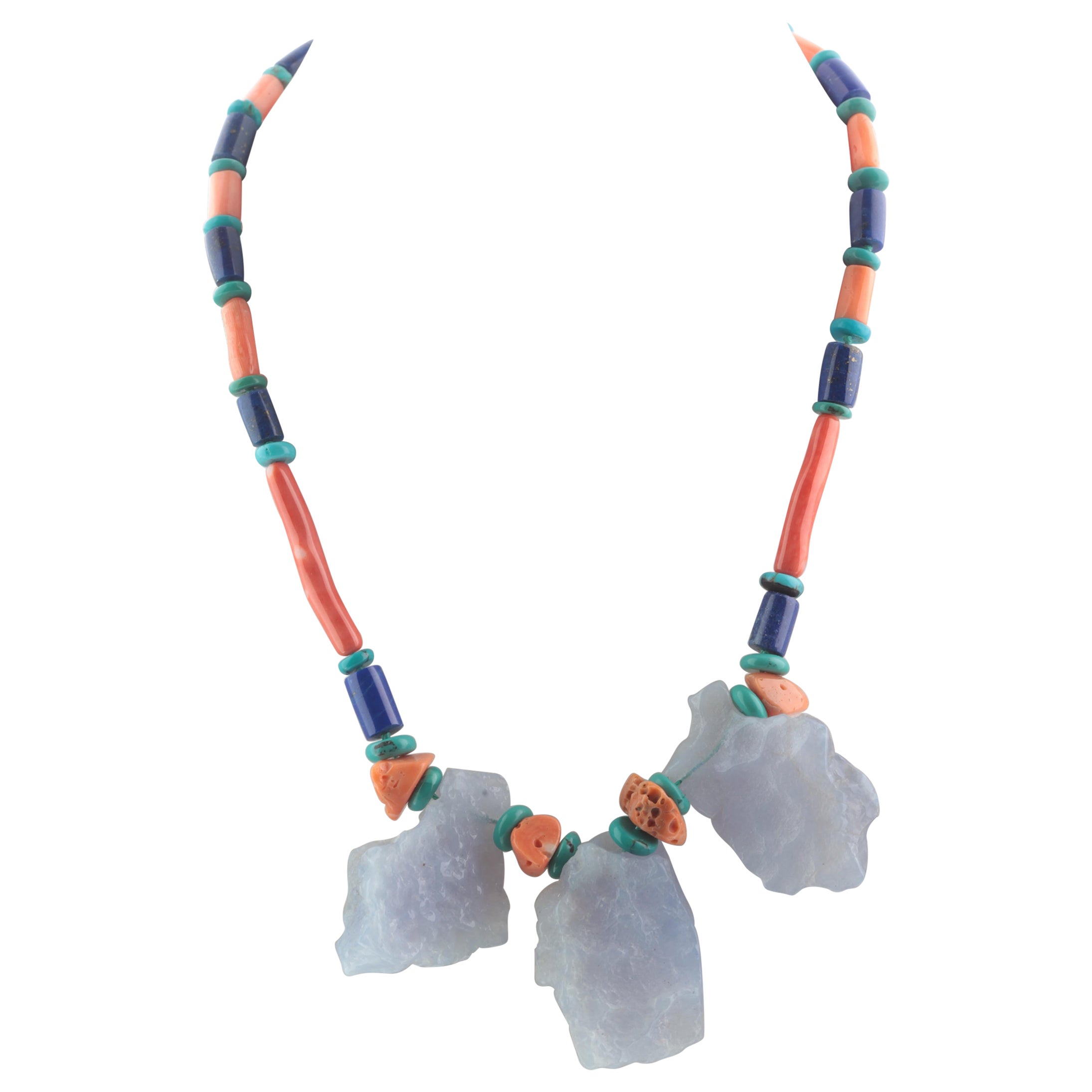 Chalcedony Coral Lapis Lazuli Turquoise Assymetric Summer Silver Beaded Necklace