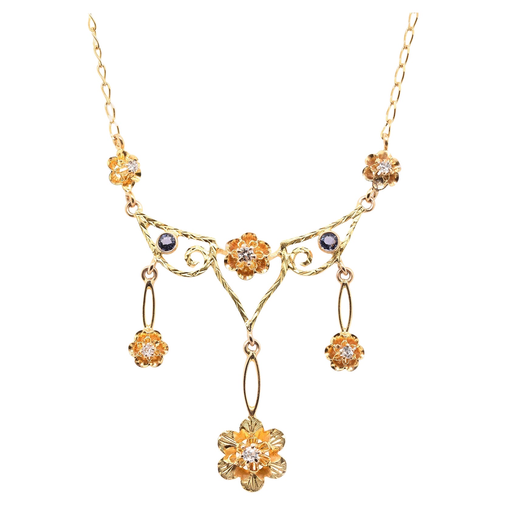 14 Karat Yellow Gold Vintage Diamond Floral Necklace For Sale