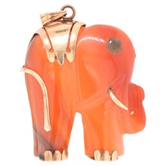 14 Karat Yellow Gold Carved Red Jade Elephant Pendant