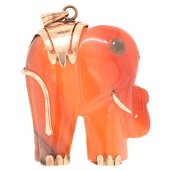 14 Karat Yellow Gold Carved Red Jade Elephant Pendant