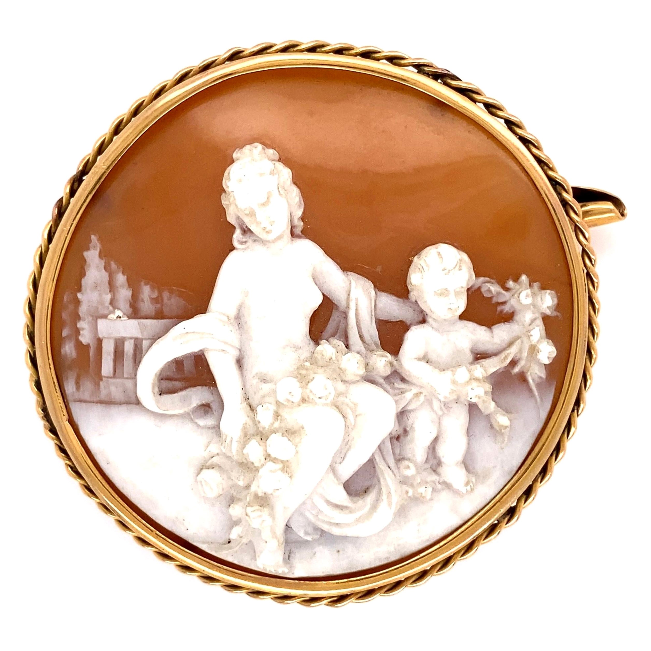 Antique Mother and Cherub Carved Cameo Gold Brooch Pin Estate Fine Jewelry For Sale