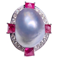 Eostre Baroque South Sea Pearl, Red Spinel and Diamond Ring in 18K White Gold 