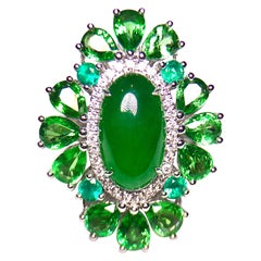 Type A Natural Green Jadeite, Tsavorite, Emerald and Diamond Ring in 18k Gold