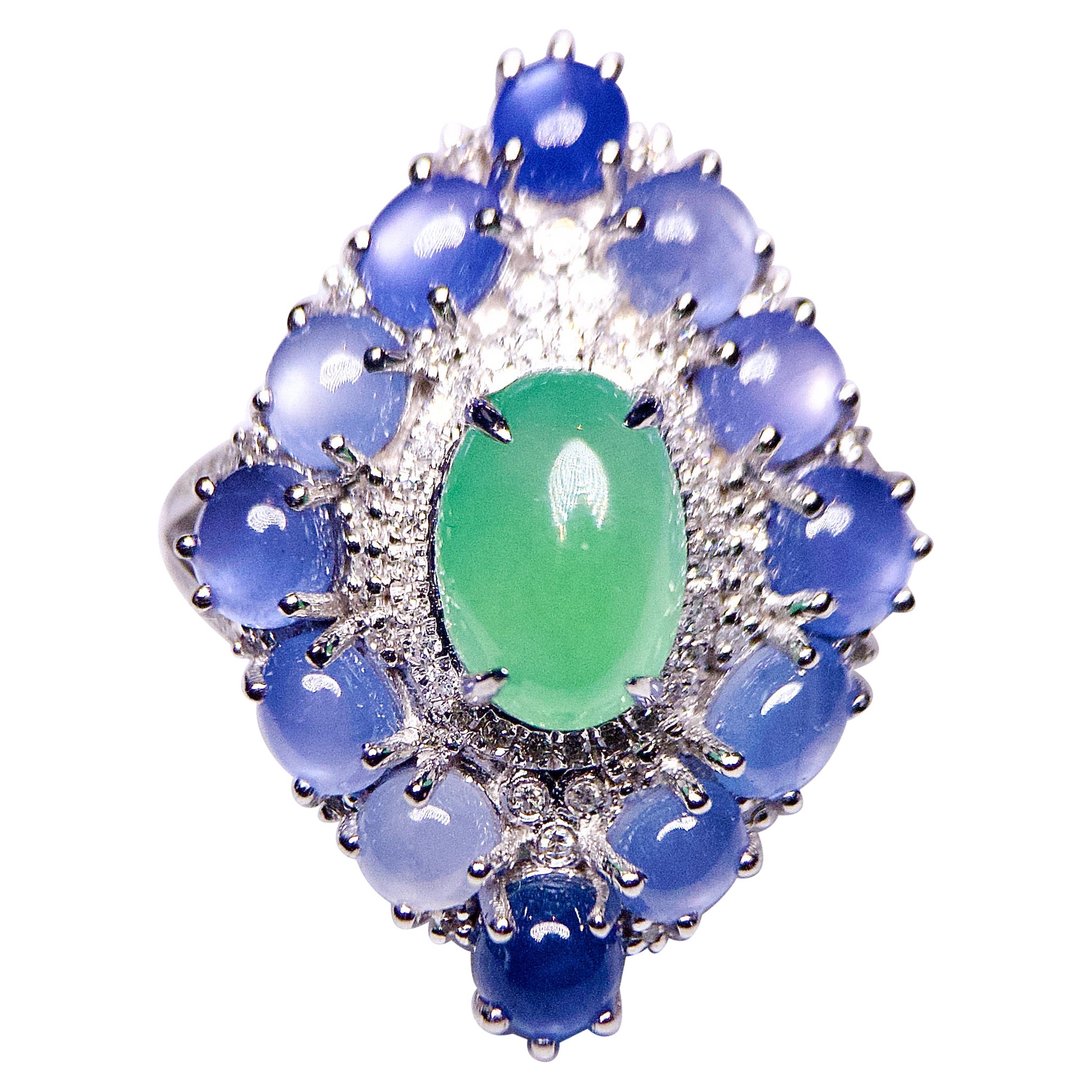 Eostre Type A Green Jadeite, Star Sapphire and Diamond Ring in 18K White Gold