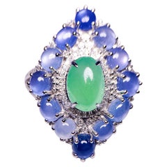 Eostre Type A Green Jadeite, Star Sapphire and Diamond Ring in 18K White Gold