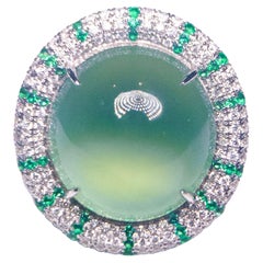 Type A Natural Green Jadeite Jade, Emerald and Diamond Ring in 18k White Gold