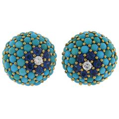 1960s French Turquoise Sapphire Diamond Gold Earrings