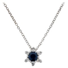 Hexagonal Cut Blue Sapphire & Diamond Pendant in 18k White Gold