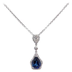 Pear Shape Blue Sapphire & Diamond Drop Pendant in 18K White Gold