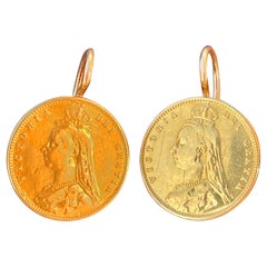 Victorian Yellow Gold Half Pound Coin Portuguese Solid Gold Frame Earrings 