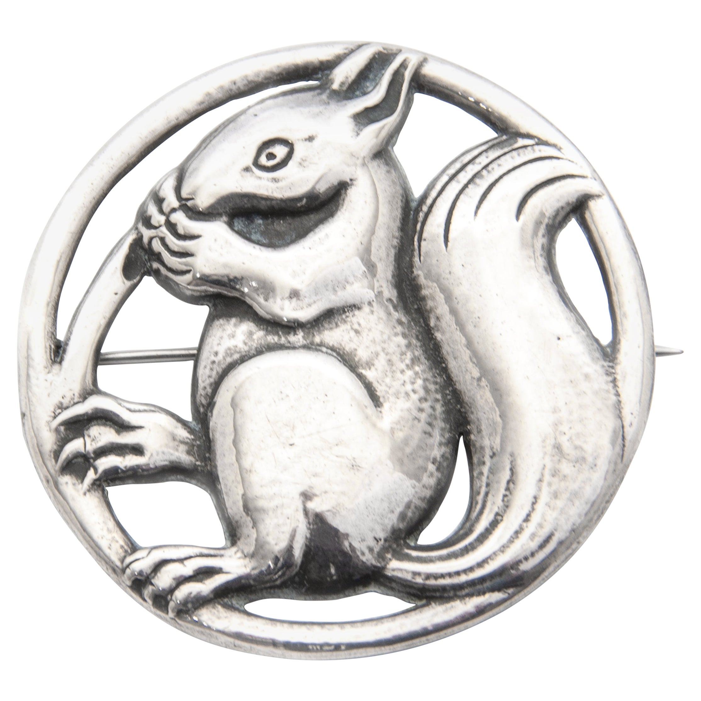 Vintage Silver Squirrel Round Brooch For Sale