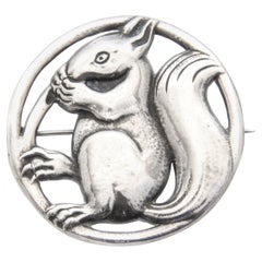 Antique Silver Squirrel Round Brooch