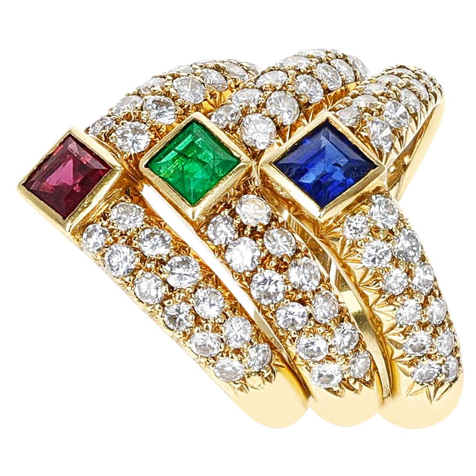 Van Cleef & Arpels Emerald Ruby Sapphire and Diamond Three Band Stacking Ring For Sale