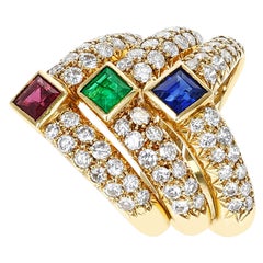 Van Cleef & Arpels Emerald Ruby Sapphire and Diamond Three Band Stacking Ring