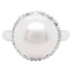Certified White Smooth Silky Round Pearl Diamond Elegant Ring