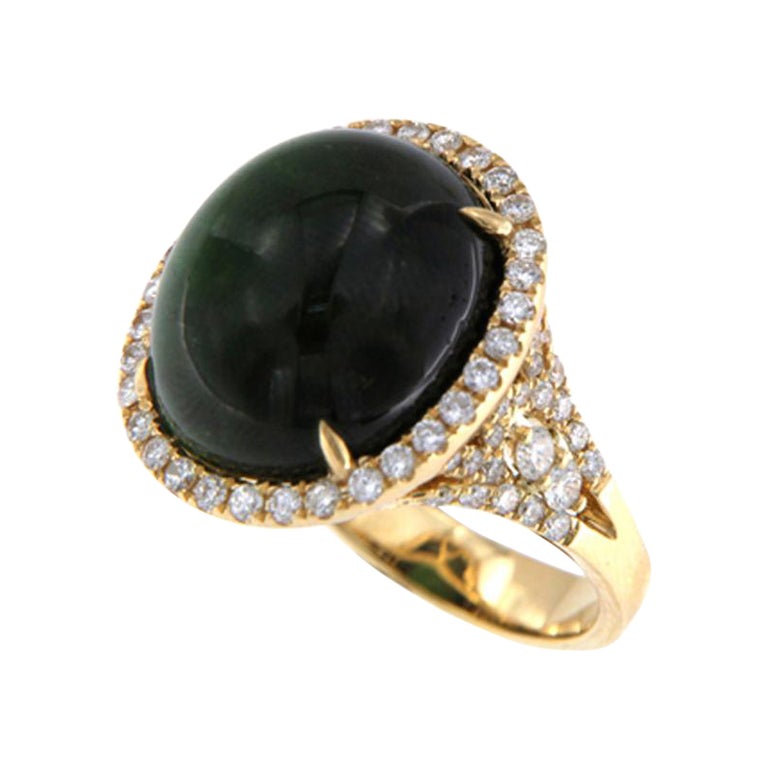 Cat's Eye Green Tourmaline Oval Cabochon Diamond Ring in 18K Yellow