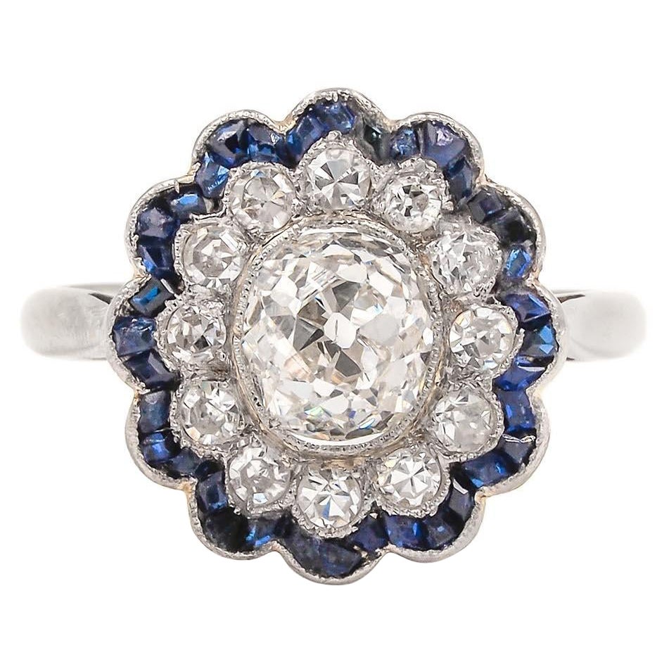 Edwardian 1.39 Carat GIA Old Mine Cut Diamond & Sapphire Cluster Engagement Ring