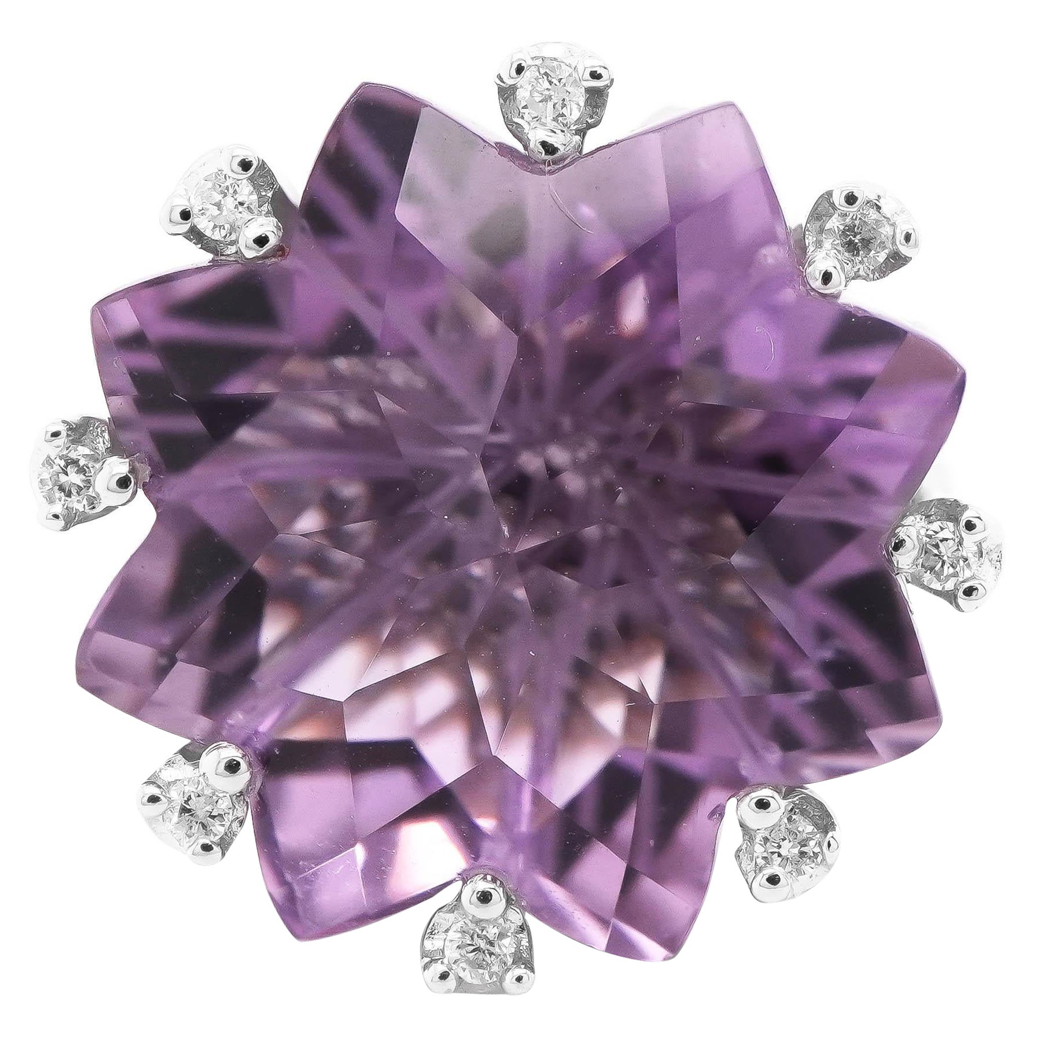 22.80 Carat Special Flower Cut Amethyst & Diamond 18K Ring
