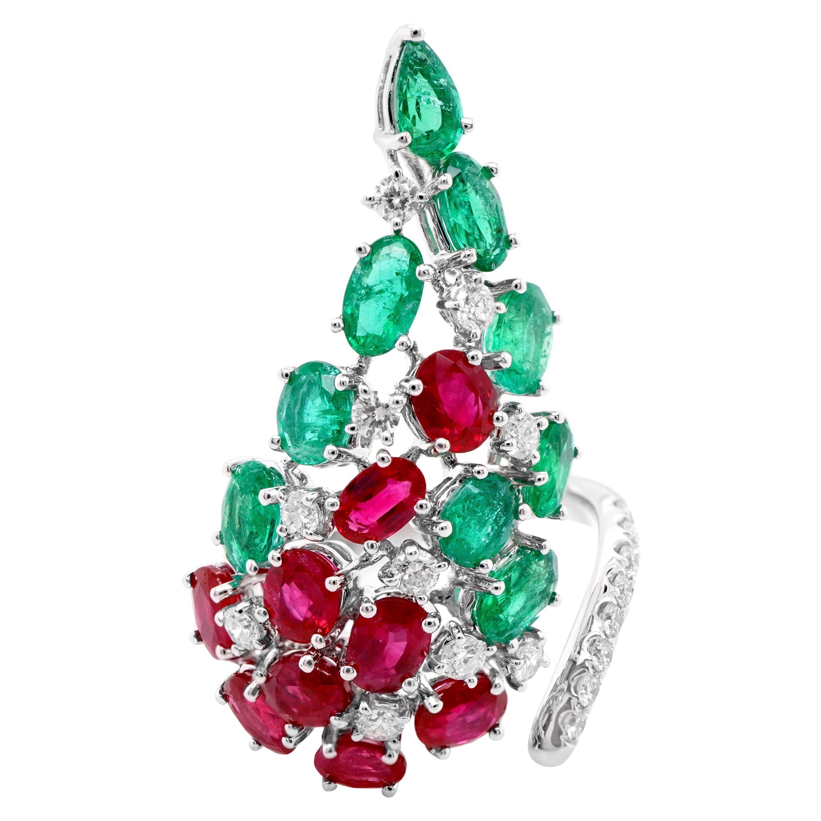 3.88 Carat Vivid Red Burma Ruby Colombian Emerald Christmas Color Cocktail Ring