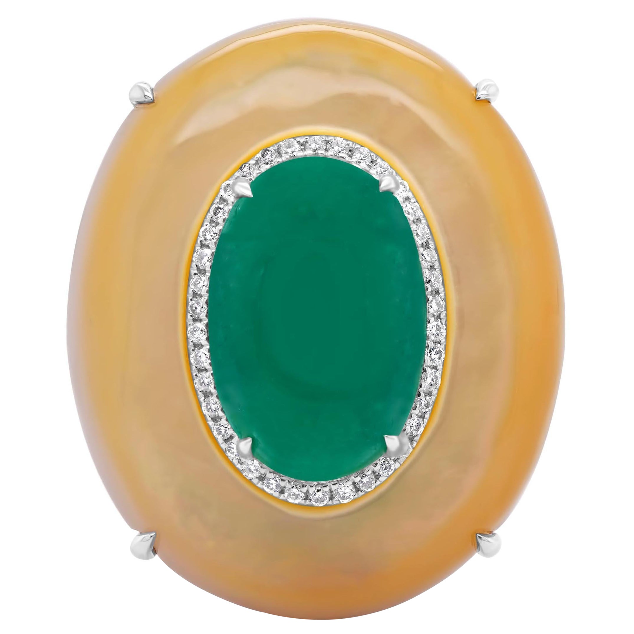 2.67 Carat Intense Green Emerald Encrusted Yellow Shell 18K White Gold Ring