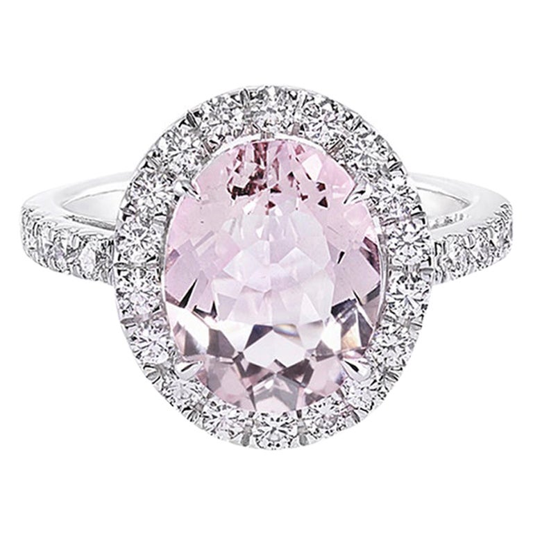 Oval Shape Champagne Pink Morganite and Round Brilliant Cut Halo Engagement Ring