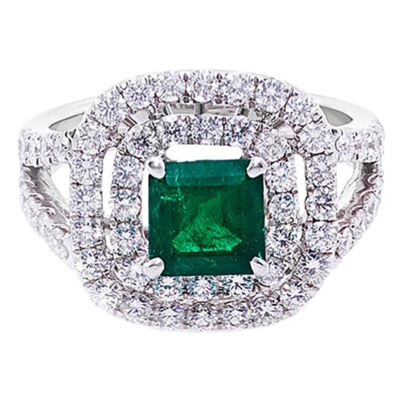 For Sale:  Natural Emerald and Diamond Double Halo Engagement Ring in 18K White Gold