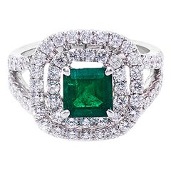 Natural Emerald and Diamond Double Halo Engagement Ring in 18K White Gold